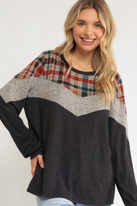 Women's Loose Fit Plaid Color Block Top