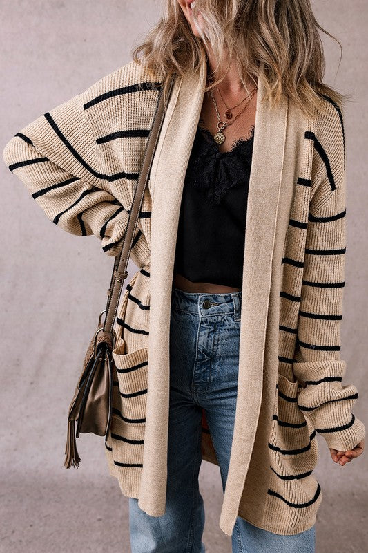 Women's Striped Rib Knit Open Front Cardigan with Pockets