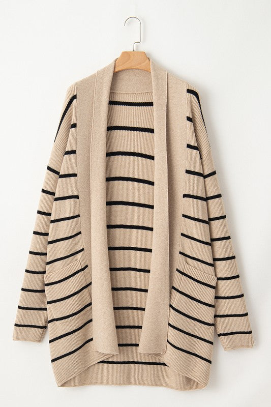 Women's Striped Rib Knit Open Front Cardigan with Pockets