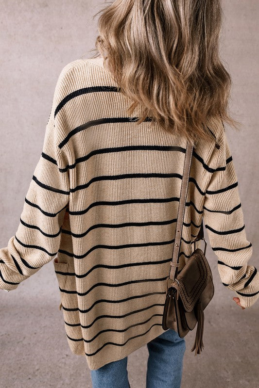 Women's Striped Rib Knit Open Front Cardigan with Pockets