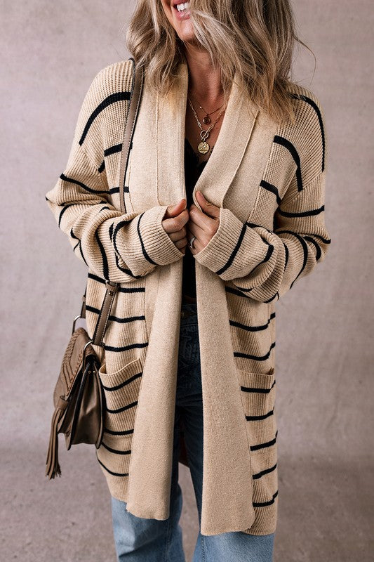 Women's Striped Rib Knit Open Front Cardigan with Pockets