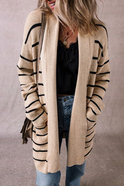 Women's Striped Rib Knit Open Front Cardigan with Pockets