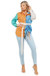 Women's Long Sleeve Button-Up Fashion Top with Drawcords