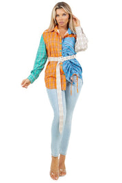 Women's Long Sleeve Button-Up Fashion Top with Drawcords