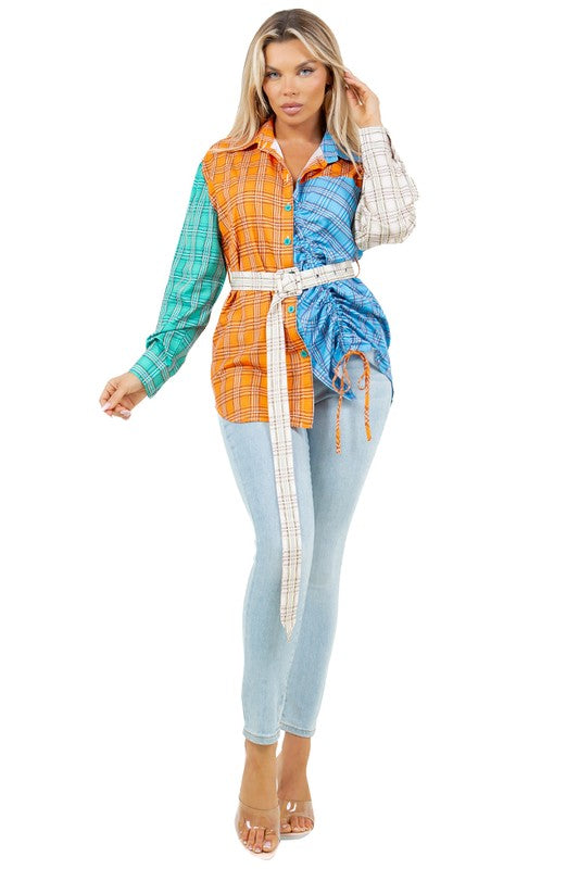 Women's Long Sleeve Button-Up Fashion Top with Drawcords