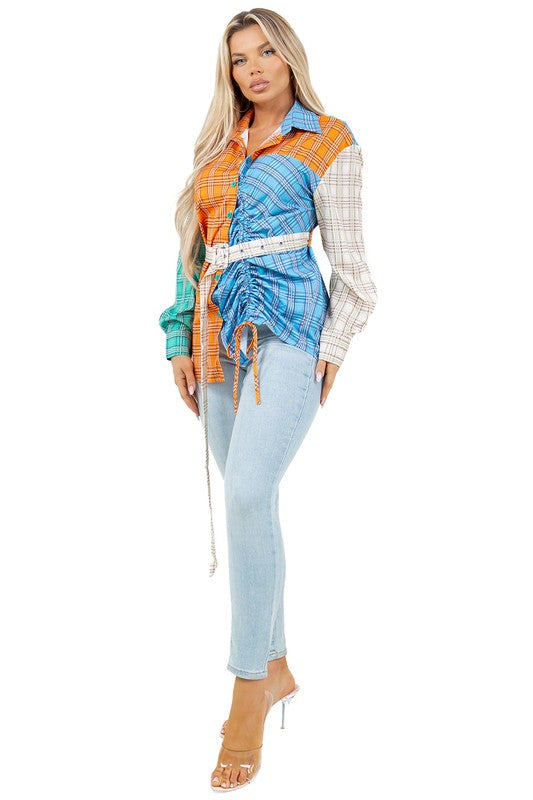 Women's Long Sleeve Button-Up Fashion Top with Drawcords