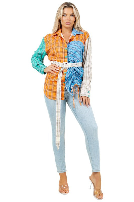 Women's Long Sleeve Button-Up Fashion Top with Drawcords