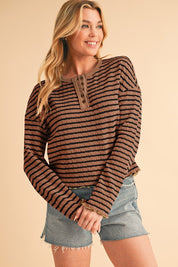 Men's Striped Textured Long Sleeve Henley Top