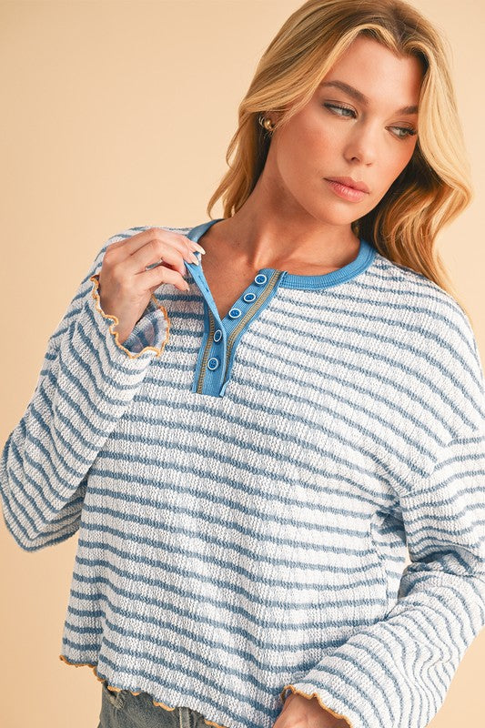 Men's Striped Textured Long Sleeve Henley Top