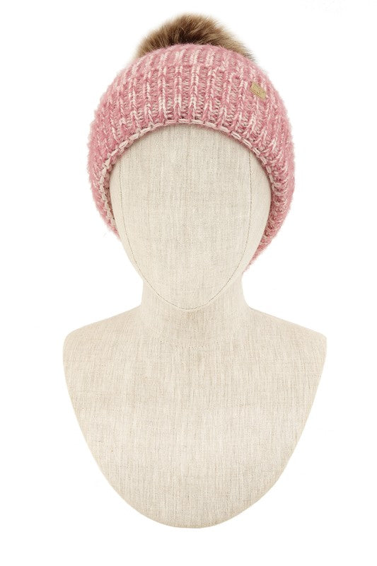 Women's Feather Knit Beanie with Fur Pom