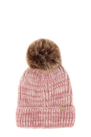 Women's Feather Knit Beanie with Fur Pom