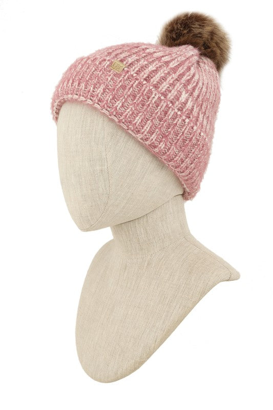 Women's Feather Knit Beanie with Fur Pom