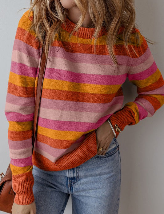 Women's Color Block Ribbed Edge Round Neck Sweater