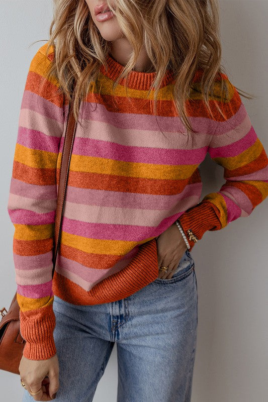 Women's Color Block Ribbed Edge Round Neck Sweater