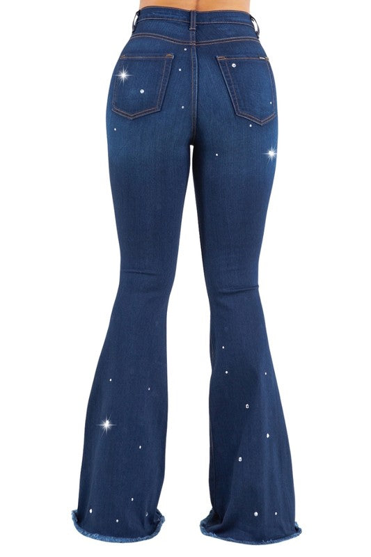 Women's High Rise Bell Bottom Jeans with Rhinestones