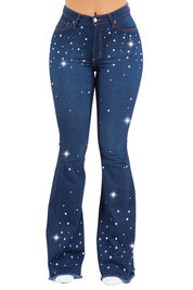 Women's High Rise Bell Bottom Jeans with Rhinestones