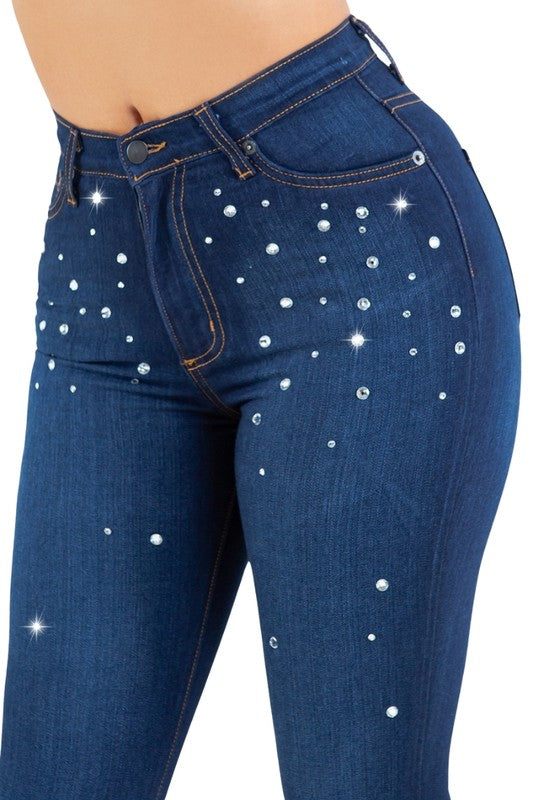 Women's High Rise Bell Bottom Jeans with Rhinestones