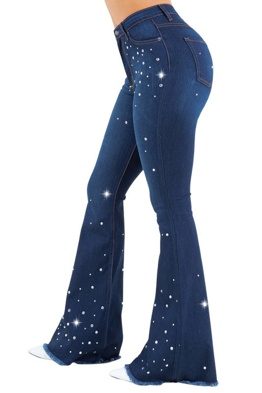 Women's High Rise Bell Bottom Jeans with Rhinestones