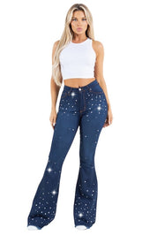 Women's High Rise Bell Bottom Jeans with Rhinestones