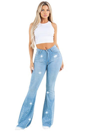 Women's High Rise Rhinestone Bell Bottom Jeans