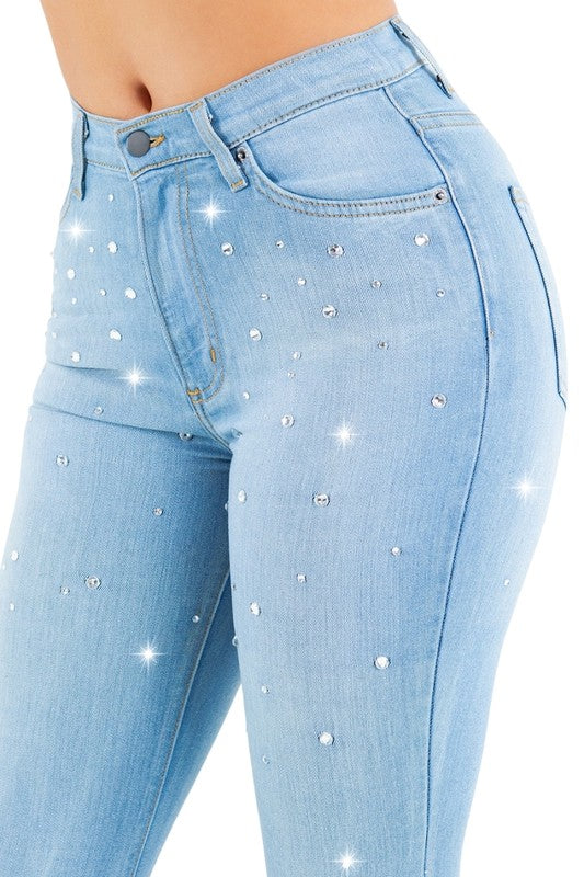 Women's High Rise Rhinestone Bell Bottom Jeans