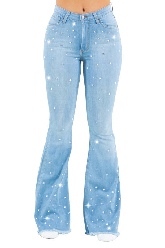 Women's High Rise Rhinestone Bell Bottom Jeans