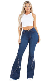 Women's High Rise Bell Bottom Jeans with Stud Details