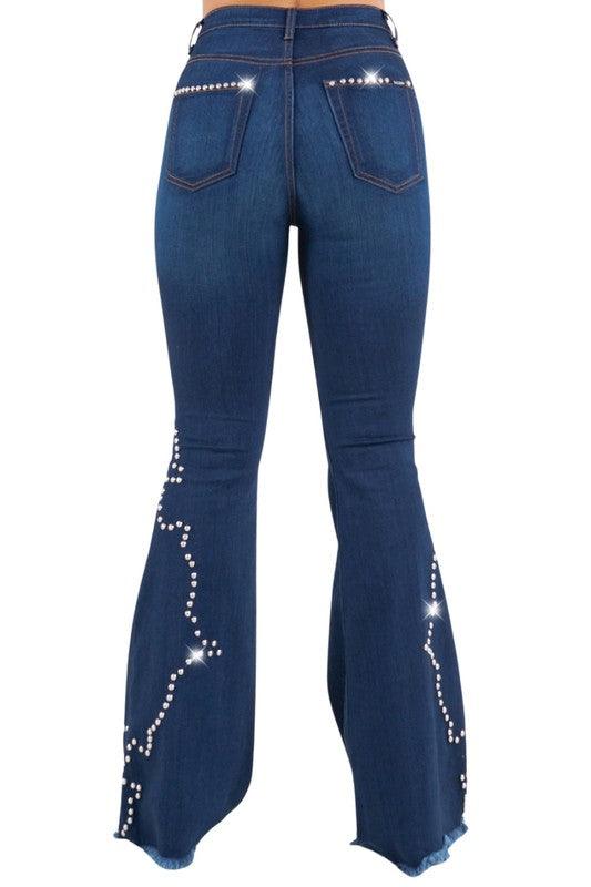 Women's High Rise Bell Bottom Jeans with Stud Details