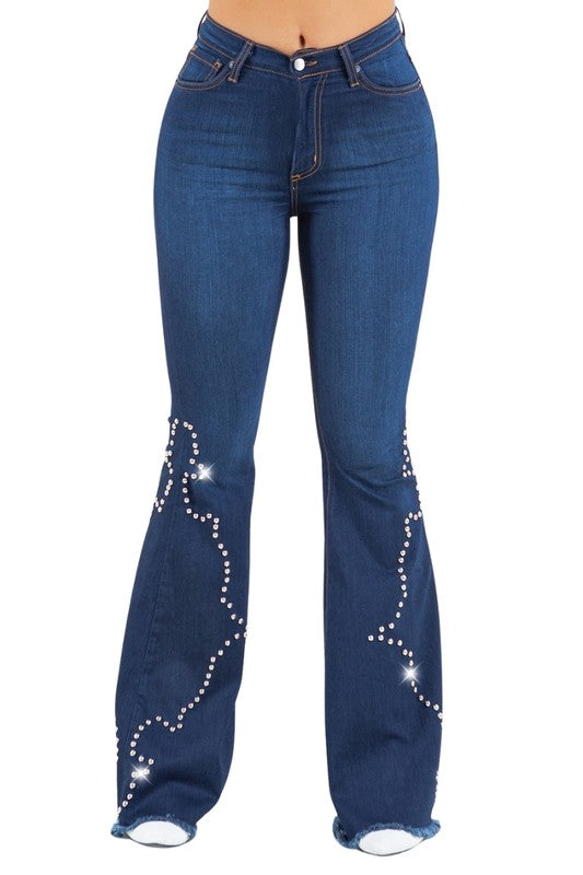 Women's High Rise Bell Bottom Jeans with Stud Details