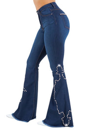 Women's High Rise Bell Bottom Jeans with Stud Details