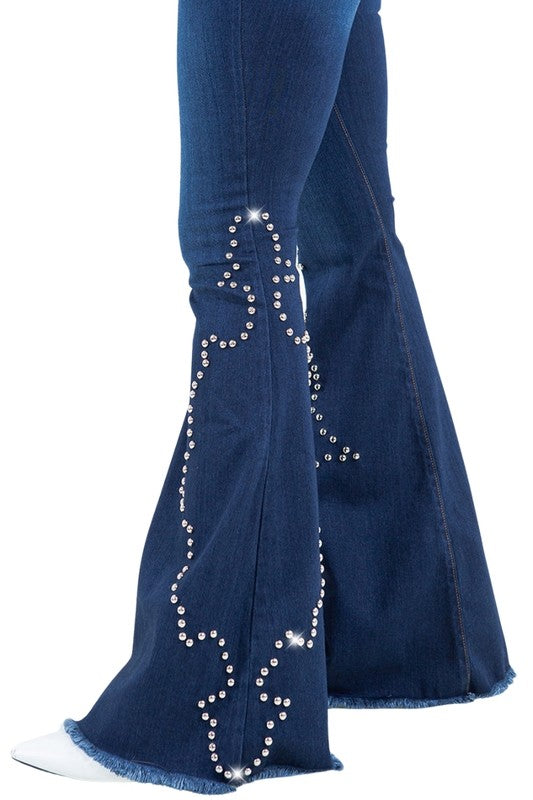 Women's High Rise Bell Bottom Jeans with Stud Details