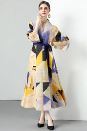 Women's V-Neck Long Sleeve Maxi Dress with Belt
