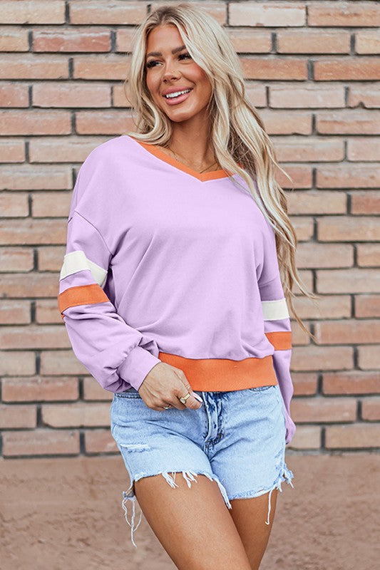 Women's Casual V-Neck Knit Drop Shoulder Sweatshirt