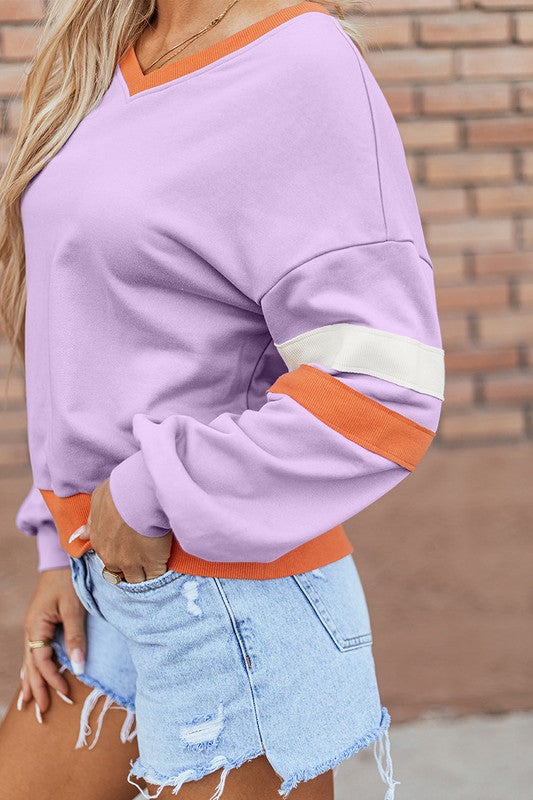 Women's Casual V-Neck Knit Drop Shoulder Sweatshirt