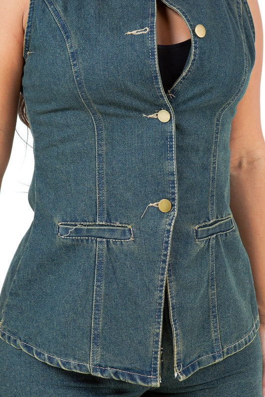 Women's Sleeveless Denim Vest and Shorts Set