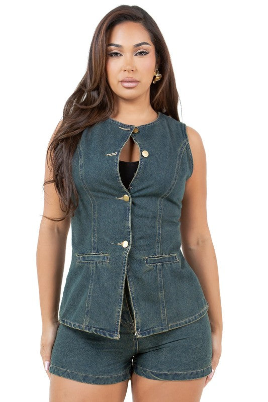 Women's Sleeveless Denim Vest and Shorts Set