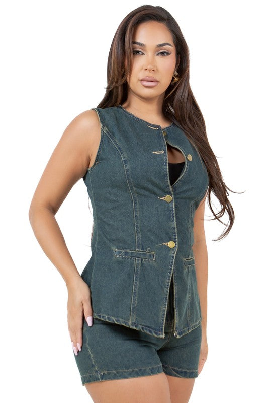 Women's Sleeveless Denim Vest and Shorts Set