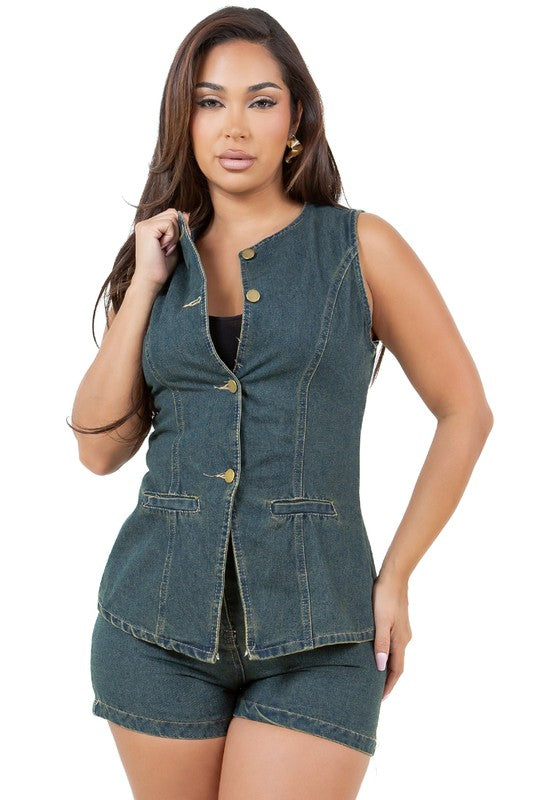 Women's Sleeveless Denim Vest and Shorts Set