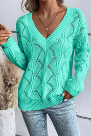 Women's V-Neck Hollow Out Knit Drop Shoulder Sweater