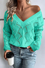 Women's V-Neck Hollow Out Knit Drop Shoulder Sweater