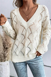 Women's V-Neck Hollow Out Knit Drop Shoulder Sweater