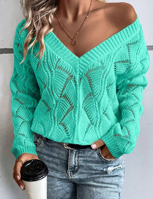 Women Hollow Out Knit V Neck Drop Shoulder Sweater