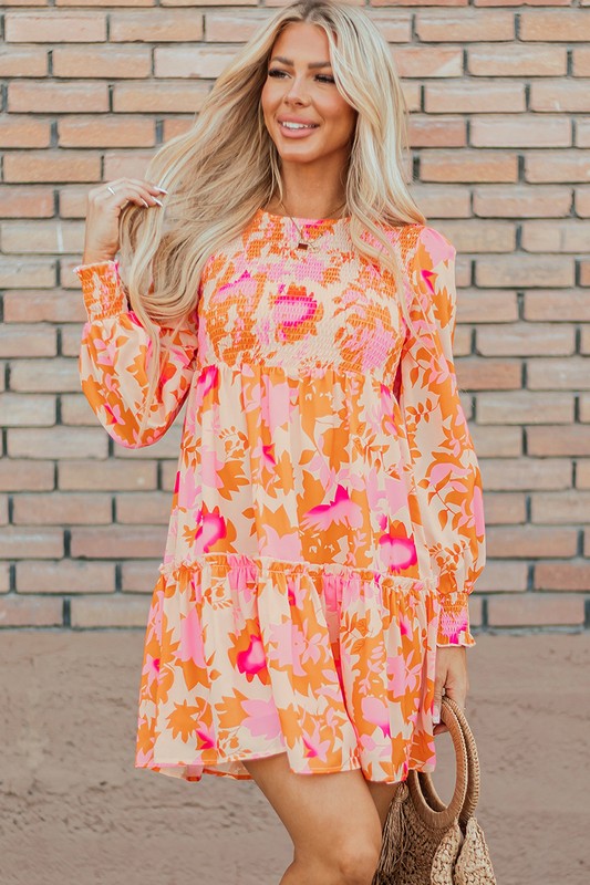 Women Smocked Lantern Sleeve Ruffle Mini Dress