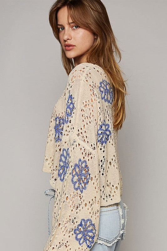 Women's Loose Fit Floral Eyelet Drop Shoulder Sweater