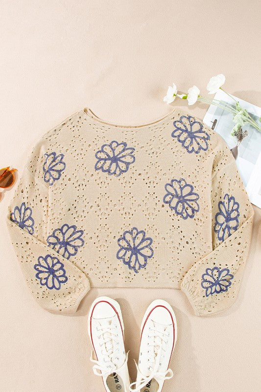 Women's Loose Fit Floral Eyelet Drop Shoulder Sweater