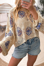 Women's Loose Fit Floral Eyelet Drop Shoulder Sweater