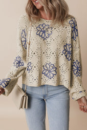 Women's Loose Fit Floral Eyelet Drop Shoulder Sweater