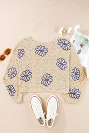 Women's Loose Fit Floral Eyelet Drop Shoulder Sweater