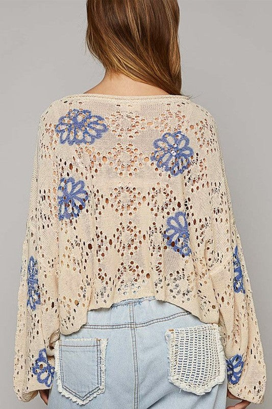 Women's Loose Fit Floral Eyelet Drop Shoulder Sweater