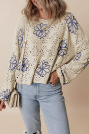 Women's Loose Fit Floral Eyelet Drop Shoulder Sweater